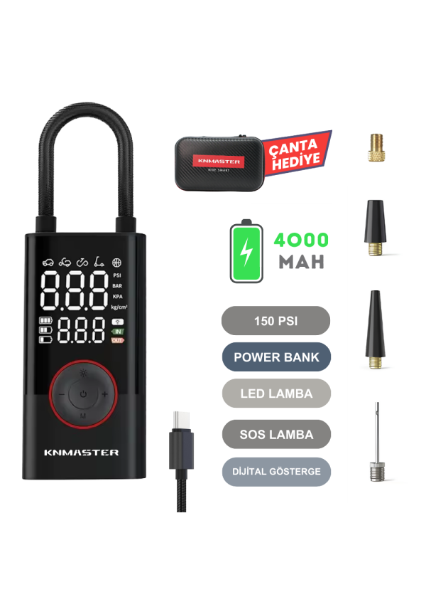 Knmaster LP200 – 150 PSI Dijital Göstergeli Şarjlı Hava Pompası - Şişirme Pompası